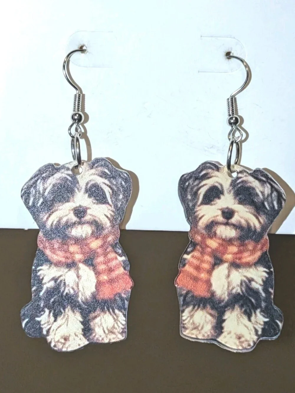 Hand Crafted Black, Cream and Orange Dog Scarf Drop Earrings